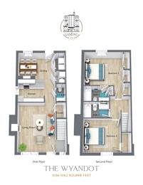 A floor plan of a two-story apartment with two bedrooms, two bathrooms, a living room, a dining room, and a kitchen.