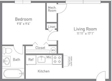 A floor plan of a small apartment with a bedroom, living room, kitchen, and bathroom.