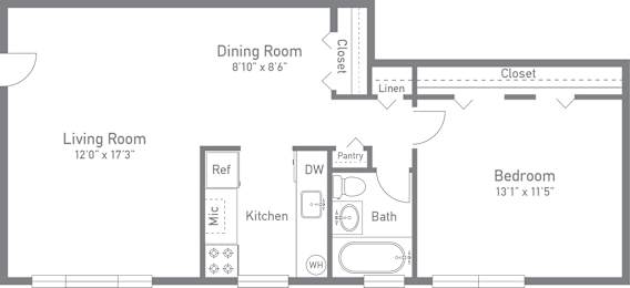 A floor plan of a small apartment with a living room, dining room, kitchen, and bedroom.