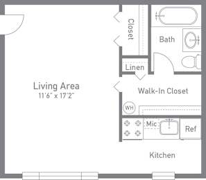 A floor plan of a living area with a kitchen and bath.