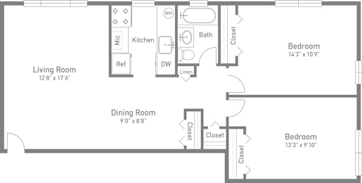 A floor plan of a home with a living room, dining room, kitchen, and two bedrooms.