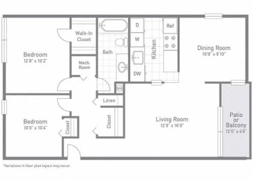 The Bayberry - Two Bedroom One Bath Floor Plan at Stuart Woods, Virginia, 20170