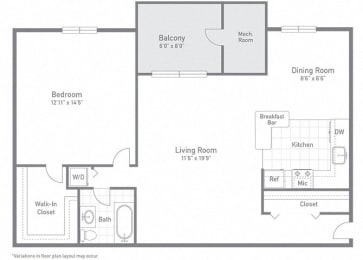 Apartment floor plan view with large one bedroom at Tysons Glen Apartments and Townhomes, Falls Church, Virginia