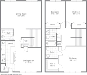 3 Bed 2.5 Bath Floor Plan at Tysons Glen Apartments and Townhomes, Virginia