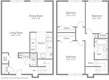 3 bed 2 bath Roosevelt Floor Plan at Gainsborough Court Apartments, Fairfax, 22030