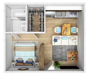 A 3D floor plan of a small apartment with a kitchen, living room, and bathroom.