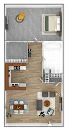A top-down view of a small apartment with a kitchen, living room, and bathroom.