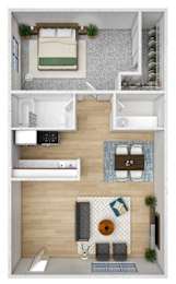 A top-down view of a small apartment with a bedroom, living room, and kitchen.