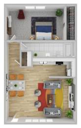 A top-down view of a living room with a fireplace, a couch, and a coffee table.