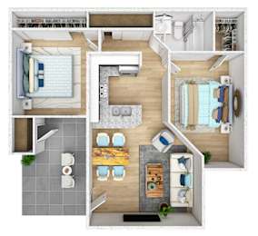 A top-down view of a house layout with a kitchen, living room, dining area, and bathroom.
