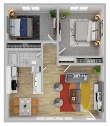 A top-down view of a modern apartment layout with a bedroom, living room, kitchen, and dining area.