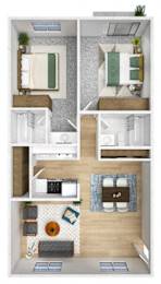 A floor plan of a small apartment with a kitchen, living room, and bathroom.
