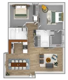 A floor plan of a house with a kitchen, living room, dining room, and bedrooms.