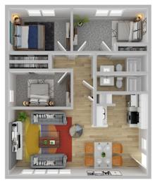 A top-down view of a small apartment with a kitchen, living room, and bedrooms.