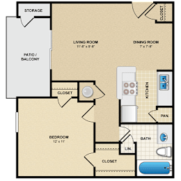 A floor plan of a home with a living room, dining room, bedroom, and bathroom.