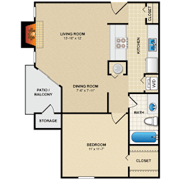 A floor plan of a small apartment with a living room, dining room, kitchen, bath, bedroom, and storage area.
