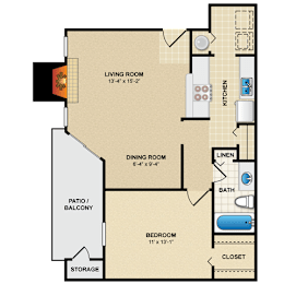 A floor plan of a small apartment with a living room, dining room, bedroom, and bathroom.
