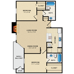 A floor plan of a home with a living room, dining room, kitchen, and two bedrooms.