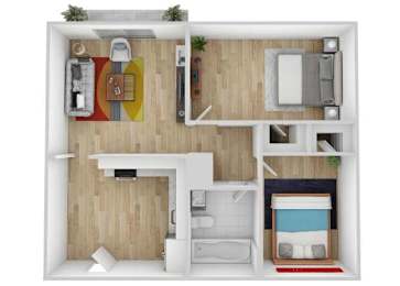 A top-down view of a small apartment with a kitchen, living room, and bathroom.