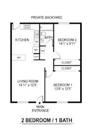 A floor plan of a small apartment with two bedrooms and a private backyard.