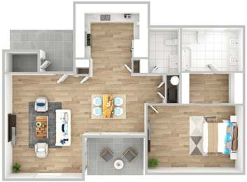 A modern house plan with a kitchen, living room, dining area, and bathrooms.