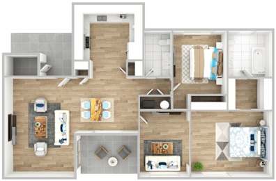 A floor plan of a modern apartment with a kitchen, living room, and bathroom.