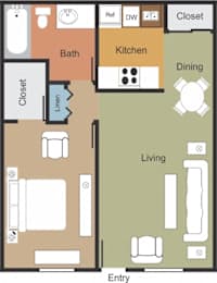 A floor plan of a small apartment with a living room, kitchen, dining room, and bathroom.