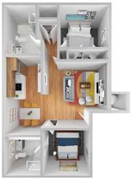 A 3D floor plan of a small apartment with a kitchen, living room, and bedroom.