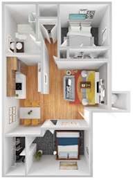 A top-down view of a small apartment with a kitchen, living room, and bedroom.