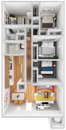 A 3D floor plan of a small apartment with a kitchen, living room, and bedroom.