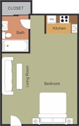 A floor plan of a small apartment with a closet, kitchen, living room, and bedroom.