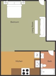 A floor plan of a room with a bedroom, living room, kitchen, and bath.