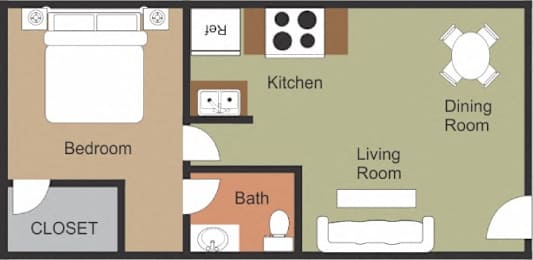 A floor plan of a house showing a bedroom, a kitchen, a dining room, a living room, a bathroom, and a closet.