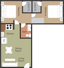 A floor plan of a house with two bedrooms, a bathroom, a kitchen, a dining room, and a living room.