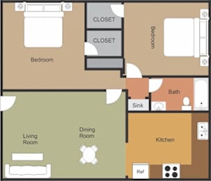 A floor plan of a house with a living room, dining room, kitchen, and two bedrooms.