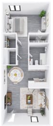 A floor plan of a house with a kitchen, living room, and two bedrooms.