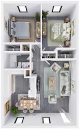 A 3D floor plan of a small apartment with a bedroom, living room, kitchen, and bathroom.