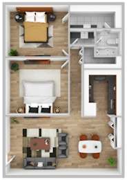 A top-down view of a living room, kitchen, and two bedrooms.