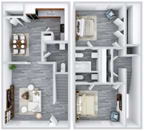 A top-down view of a modern apartment with two bedrooms, a living room, and a kitchen.