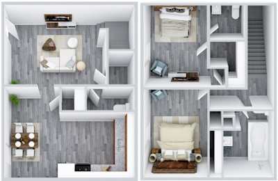A top-down view of a small apartment with a kitchen, living room, and bedroom.
