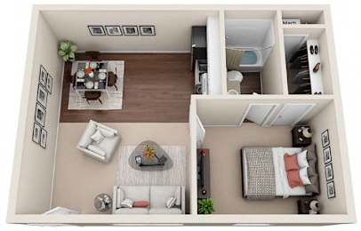 A top-down view of a small apartment with a living room, kitchen, and bedroom.