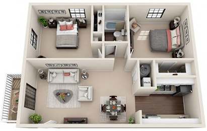 A 3D floor plan of a two-bedroom apartment with a living room, kitchen, and bathroom.