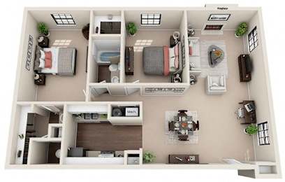 A 3D floor plan of a house with a kitchen, living room, and two bedrooms.