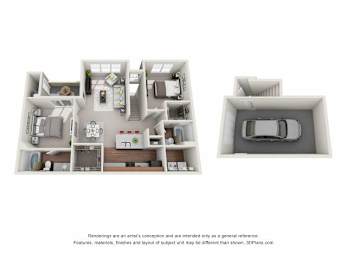 A 3D floor plan of a house with a kitchen, living room, and bedrooms.