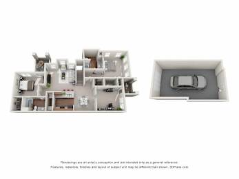 A 3D floor plan of a house with a separate bathroom.