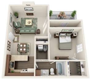 A 3D floor plan of a house showing a living room, kitchen, and bathroom.
