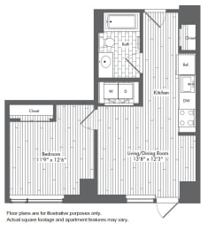 A1 1 Bed 1 Bath Floor Plan at Waterside Place by Windsor, Boston, 02210