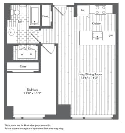 A7 1 Bed 1 Bath Floor Plan at Waterside Place by Windsor, Massachusetts