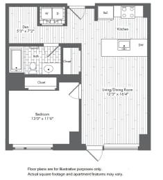 A8 1 Bed 1 Bath Floor Plan at Waterside Place by Windsor, Boston, Massachusetts