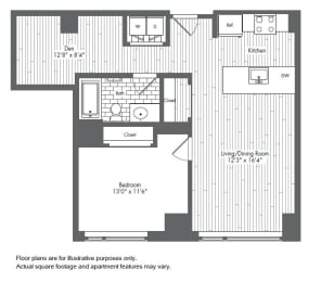 A9 1 Bed 1 Bath Floor Plan at Waterside Place by Windsor, Massachusetts